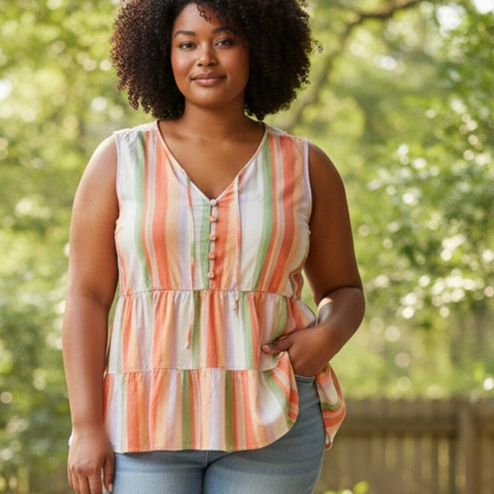 Torrid Striped Tank Womens Size 2X Tiered Rayon Slub V-Neck Sherbet Top